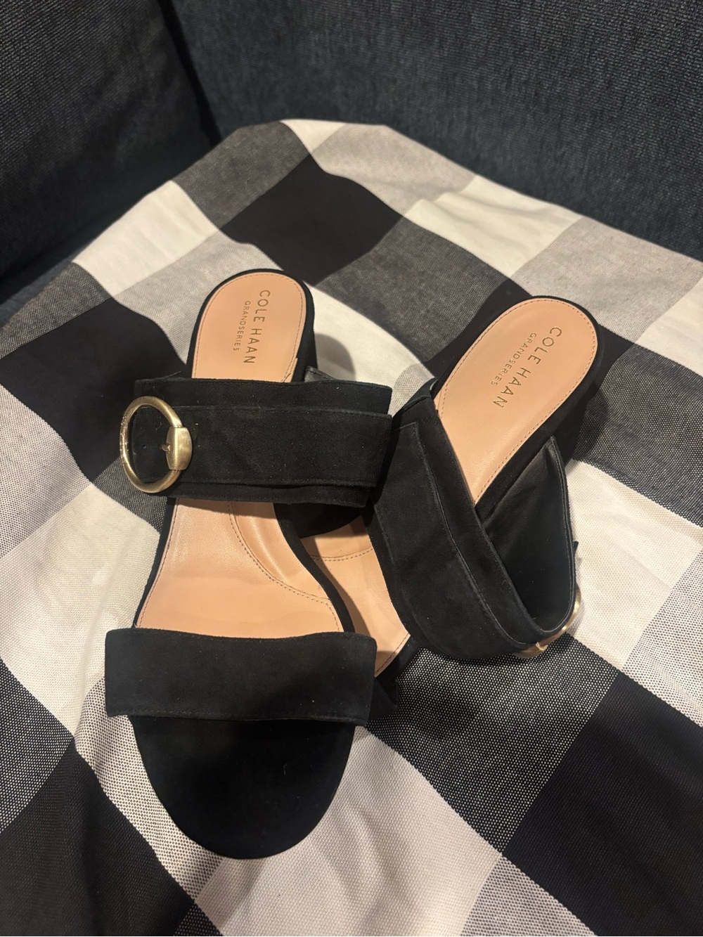 Cole Haan Black Suede Slide Mules with Gold Buckle - 9.5